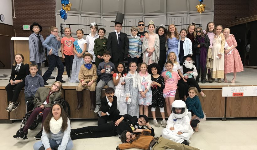 5th graders dressed up in costumes for wax museum
