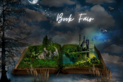 open book at night with book fair written in the sky